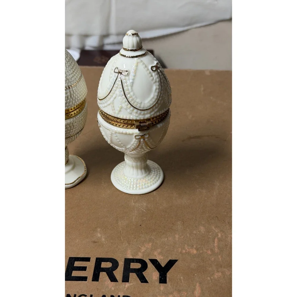 Ivory Elegance Fabergé-Style Hinged Egg Trinket Boxes Set of 2 Gold Trim